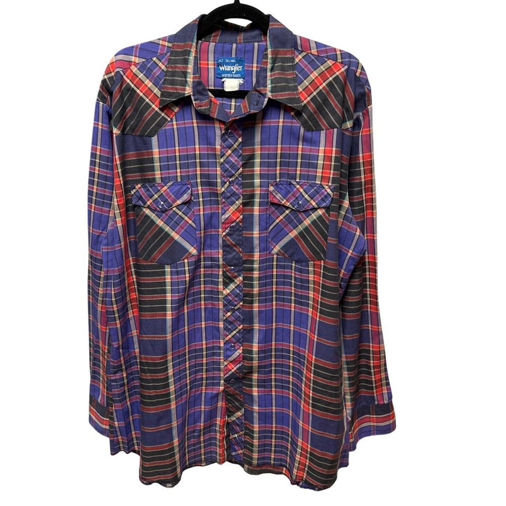 Vintage Wrangler Western Plaid Pearl Snap Shirt Blue Red Men's XL Tall